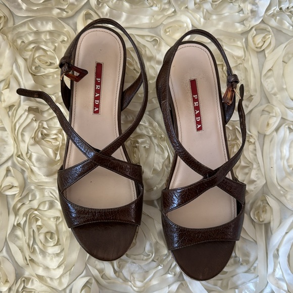 Prada Brown Leather Strappy Wedge Sandals HARDLY WORN! size 37 - Picture 5 of 11